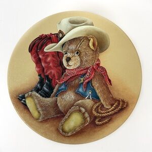 Vintage western cowboy teddy bear decorative storage tin container with lid
